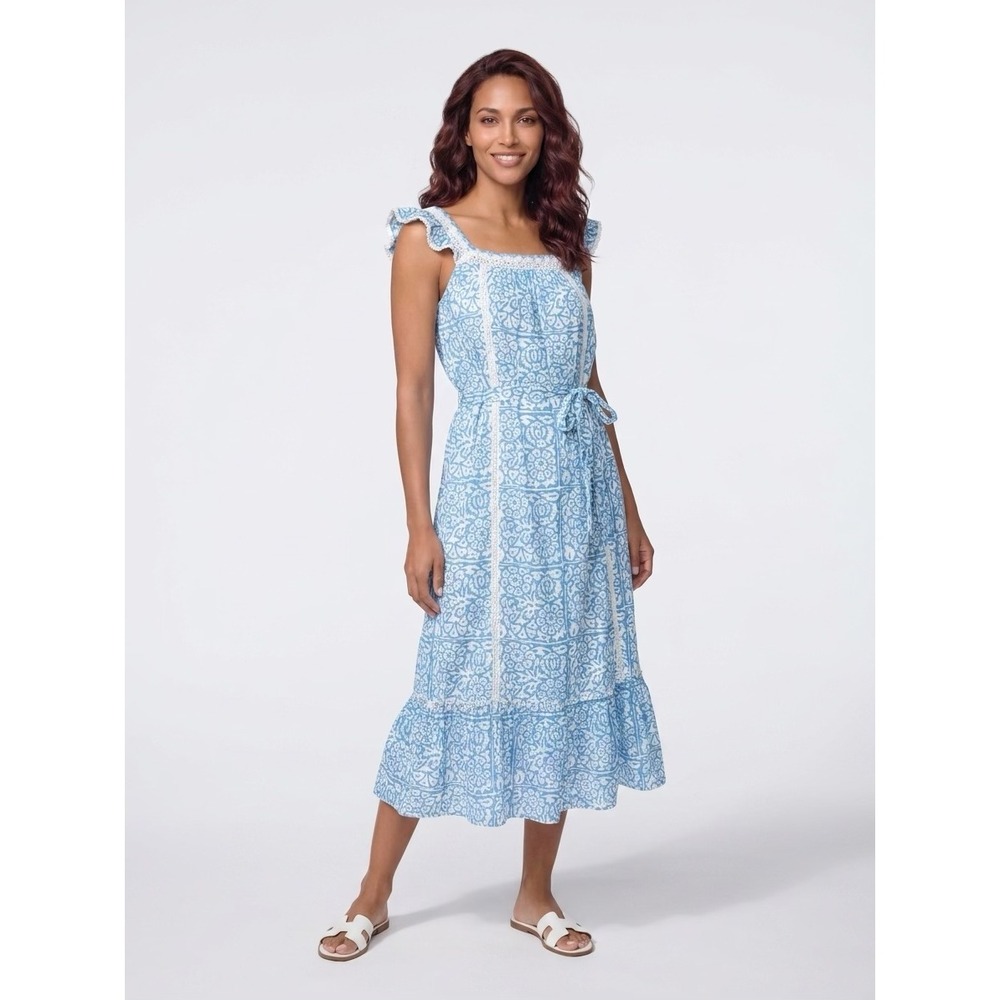 Roller Rabbit Blue White Block Print Crochet Lace Trim Midi Dress Small